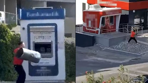 ATM'lere taş ve çöp kovasıyla saldırdı: O anlar kamerada