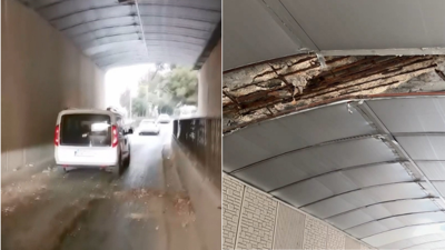 Büyükçekmece'de alt geçitten kopan beton parçaları araçların üzerinde düştü