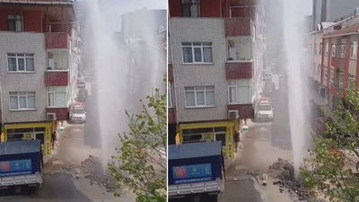 Ataşehir'de İSKİ çalışması sırasında su borusu patladı, fışkıran suyun yüksekliği 3 katlı binayı geçti
