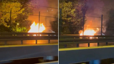 Mecidiyeköy'de otomobil alev alev yandı; D-100 karayolu trafiğe kapatıldı